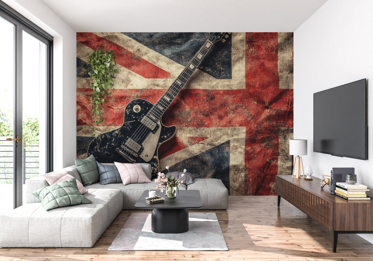 Music themed wall mural in teen bedroom showing Union Jack guitar design