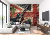 Music themed wall mural in teen bedroom showing Union Jack guitar design