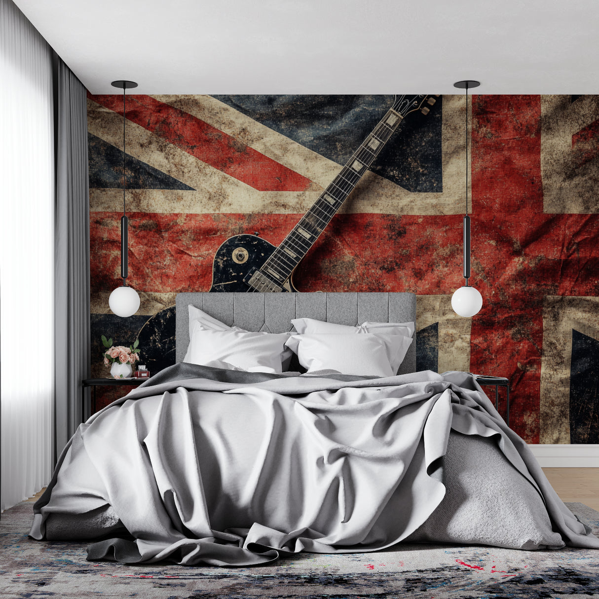Rock music wallpaper installed in home studio with musical instruments