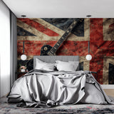 Rock music wallpaper installed in home studio with musical instruments