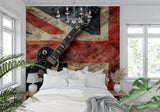 British rock wallpaper featured in man cave entertainment room setup
