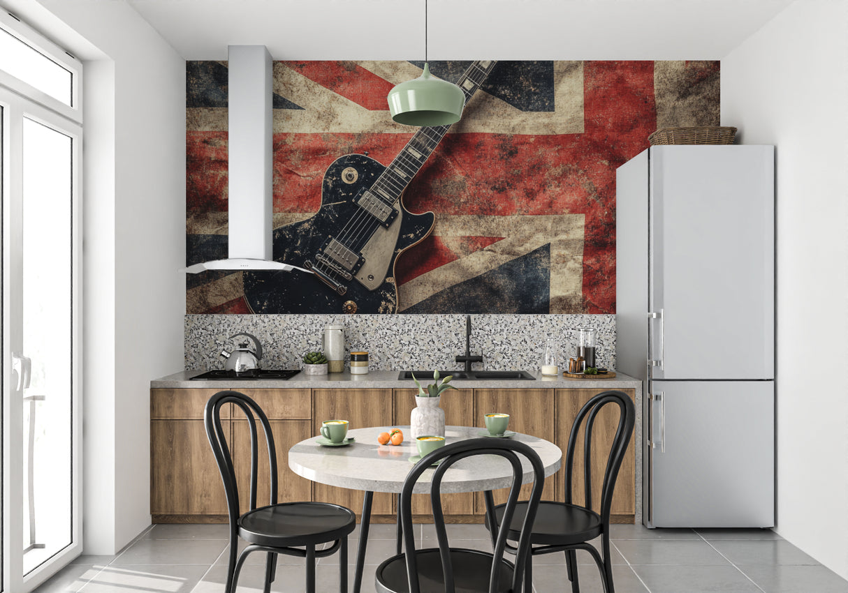 Guitar wall mural bringing character to modern apartment living space