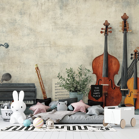 Musical instruments wallpaper in elegant living room with grand piano and natural lighting