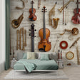 Musical instrument wallpaper in modern living room showing classical instruments against sheet music background
