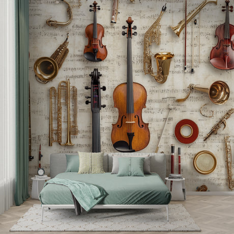 Musical instrument wallpaper in modern living room showing classical instruments against sheet music background