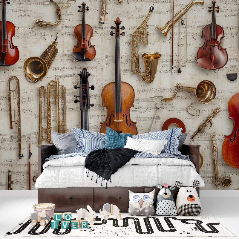 Sheet music wallpaper creating atmosphere in music studio with grand piano
