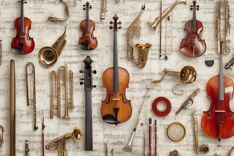 Design file showing detailed classical instruments and sheet music pattern