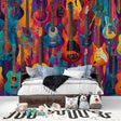 Colorful Guitar Collection Wallpaper in modern living room with gray sofa and natural lighting