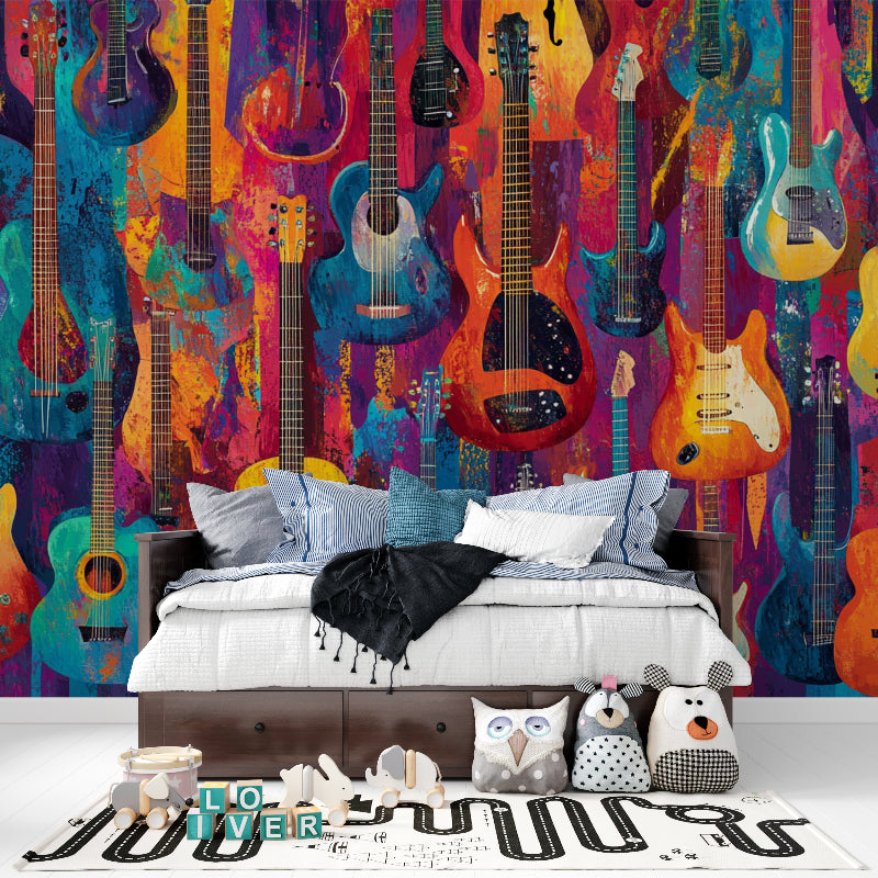 Colorful Guitar Collection Wallpaper in modern living room with gray sofa and natural lighting
