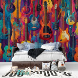 Colorful Guitar Collection Wallpaper in modern living room with gray sofa and natural lighting
