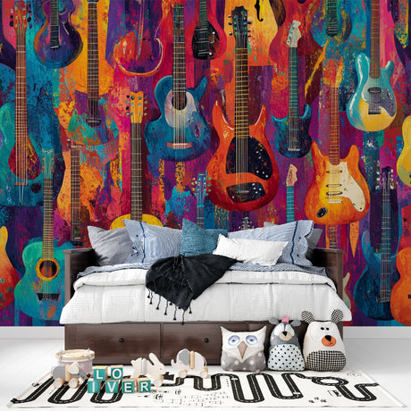 Colorful Guitar Collection Wallpaper in modern living room with gray sofa and natural lighting