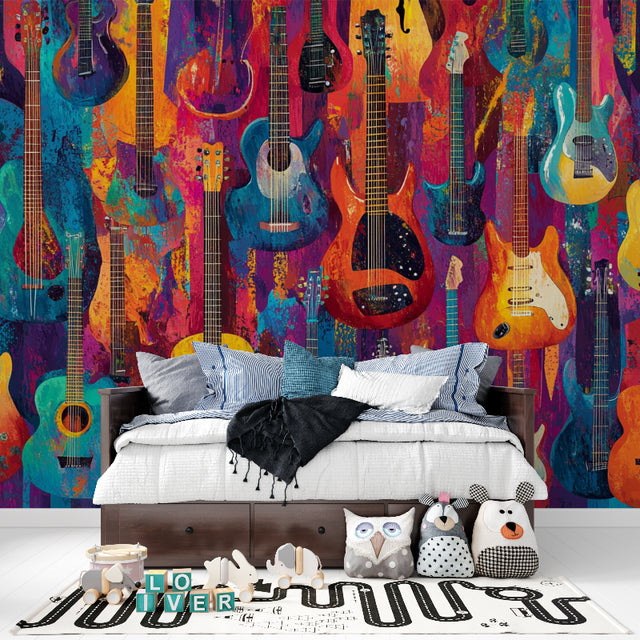 Colorful Guitar Collection Wallpaper in modern living room with gray sofa and natural lighting