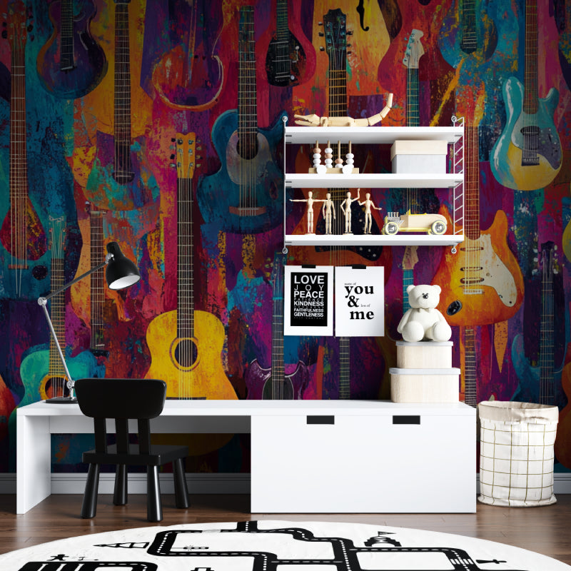 Music themed wallpaper displayed in teen bedroom with guitar collection