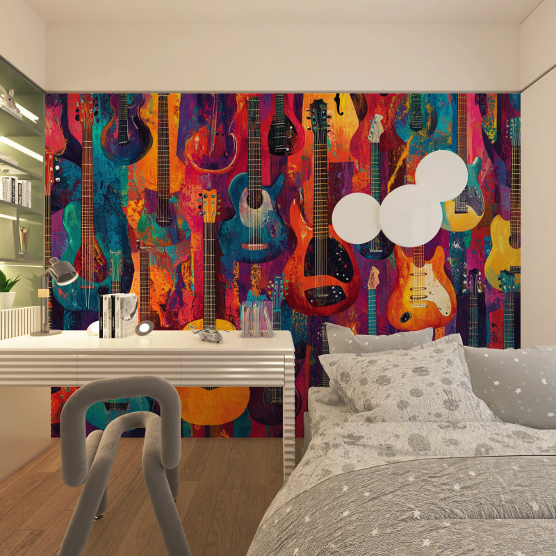 Guitar wall mural bringing color to home music studio setup