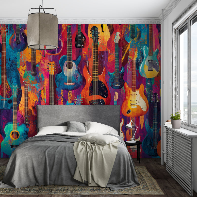 Musical instrument wallpaper creating atmosphere in contemporary dining room