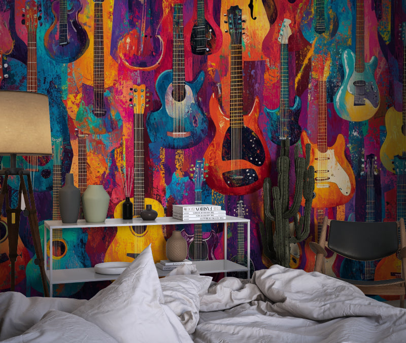 Vibrant guitar mural wallpaper showcased in modern office space
