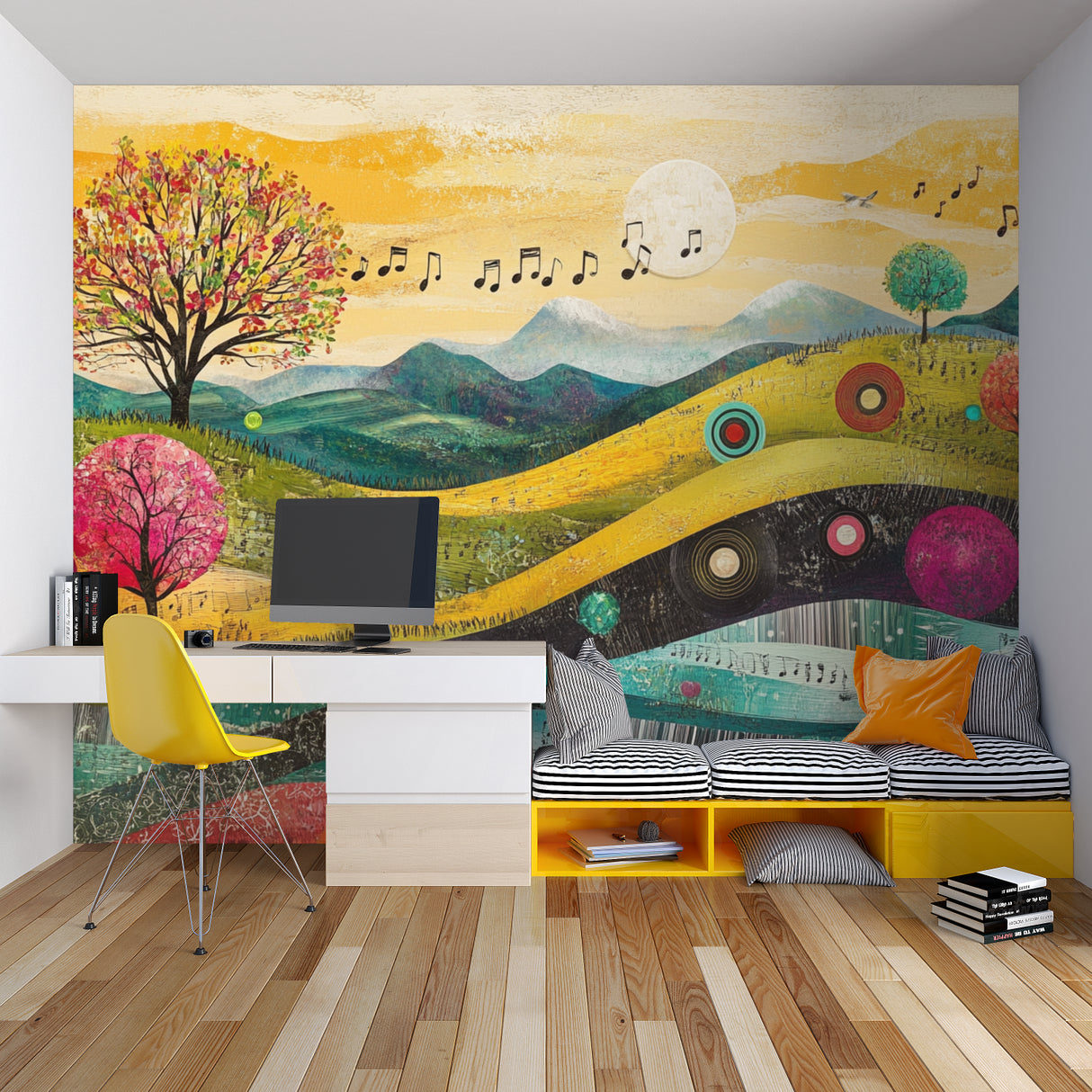 Music landscape wallpaper in modern teen bedroom showing colorful mountains and floating musical notes