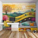 Music landscape wallpaper in modern teen bedroom showing colorful mountains and floating musical notes