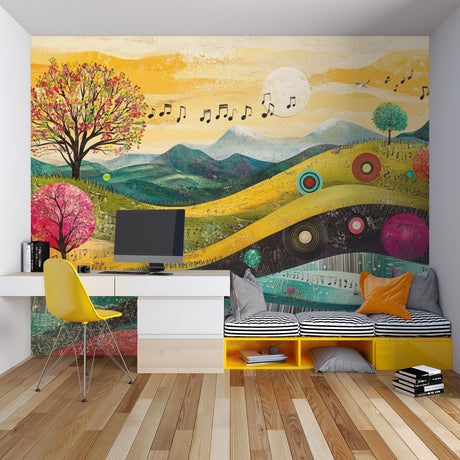 Music landscape wallpaper in modern teen bedroom showing colorful mountains and floating musical notes