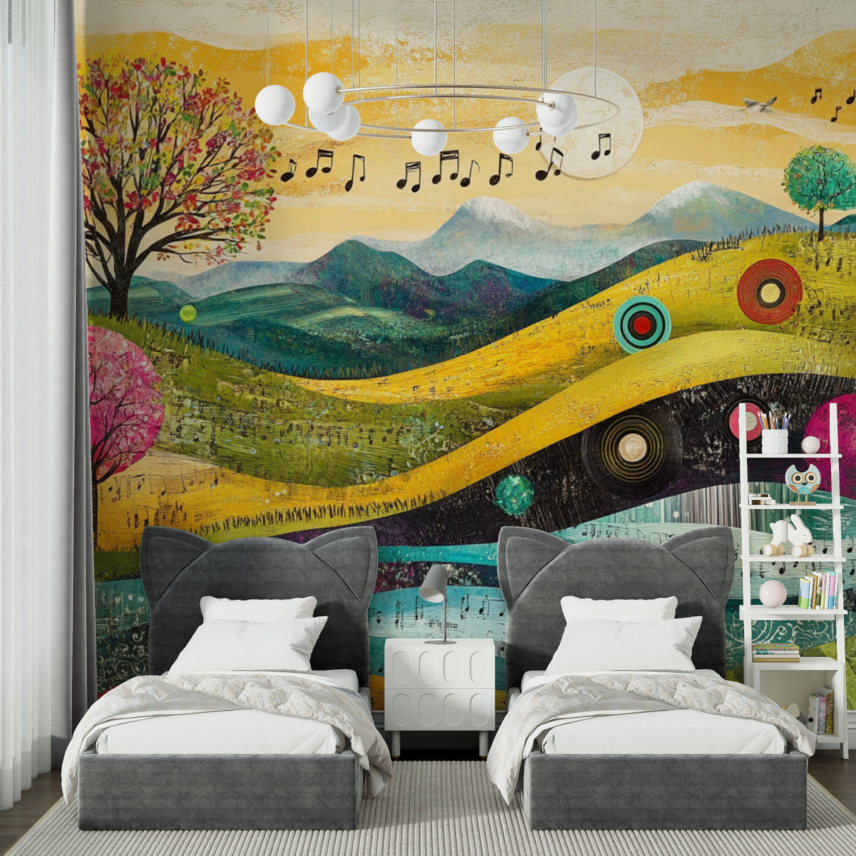 Music themed wallpaper installed in home music studio with piano and guitar
