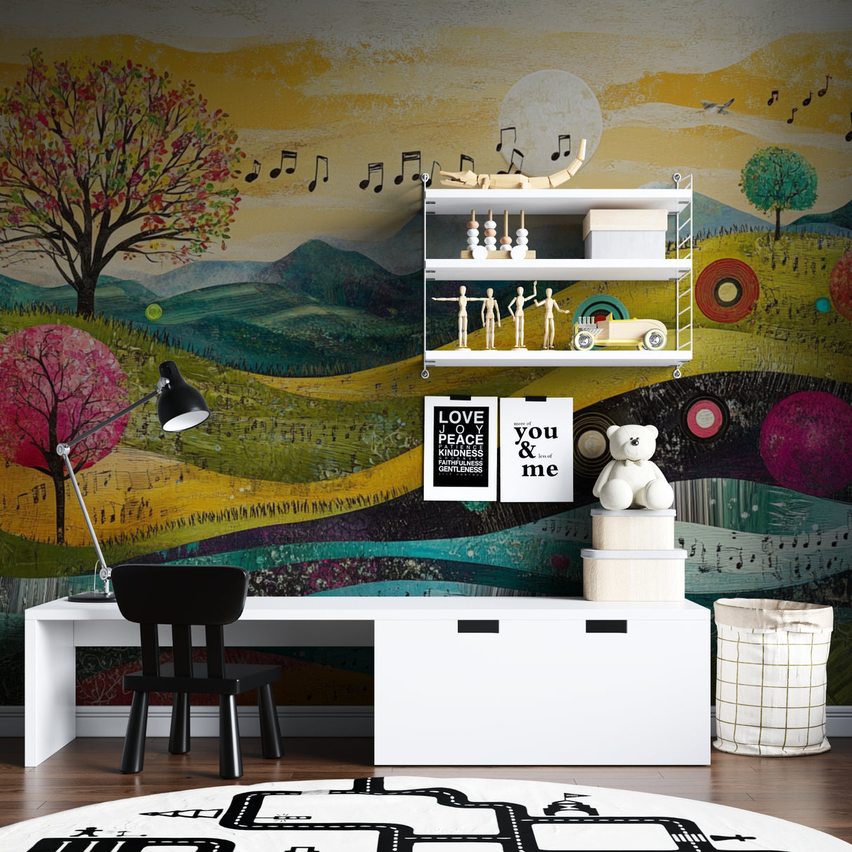 Musical mountain mural in children's playroom showing scale and bright colors