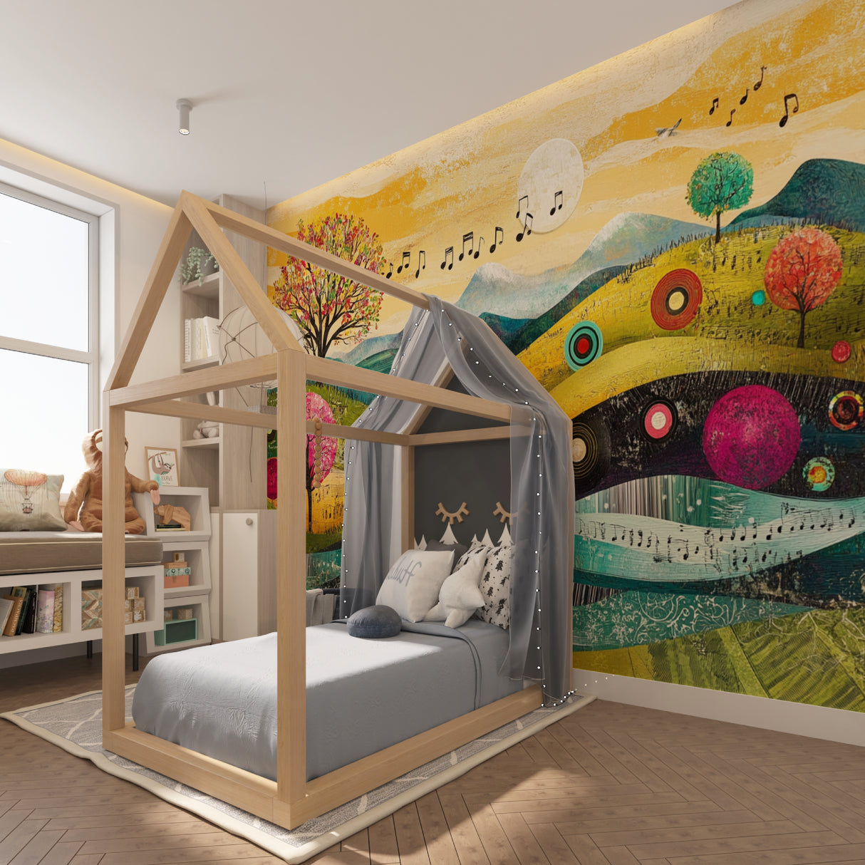 Artistic music wallpaper installation in school music room with instruments