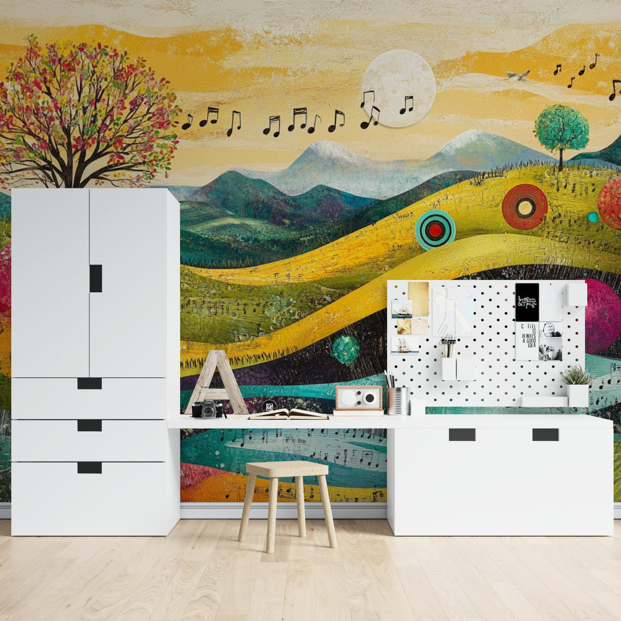 Mountain music mural in creative workspace showing full wall application