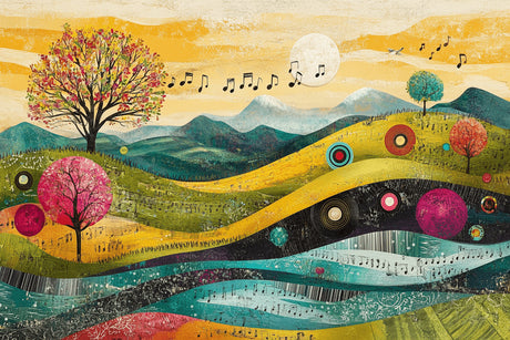 Design file of music landscape wallpaper showing detailed musical notes and mountain pattern