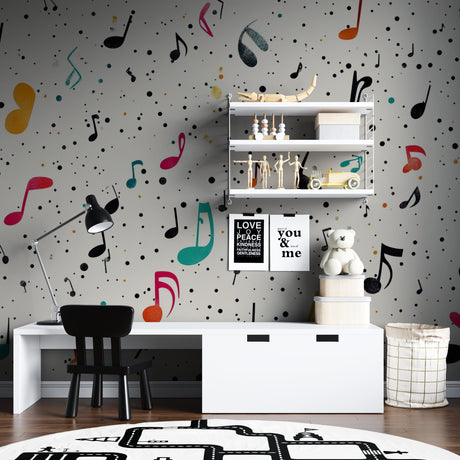 Music notes wallpaper bringing life to a modern living room with white furniture and natural light