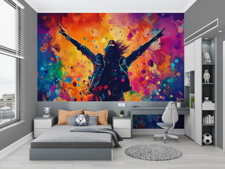 Music wall mural bringing vibrant energy to a modern teen bedroom with rainbow colors and rock star silhouette