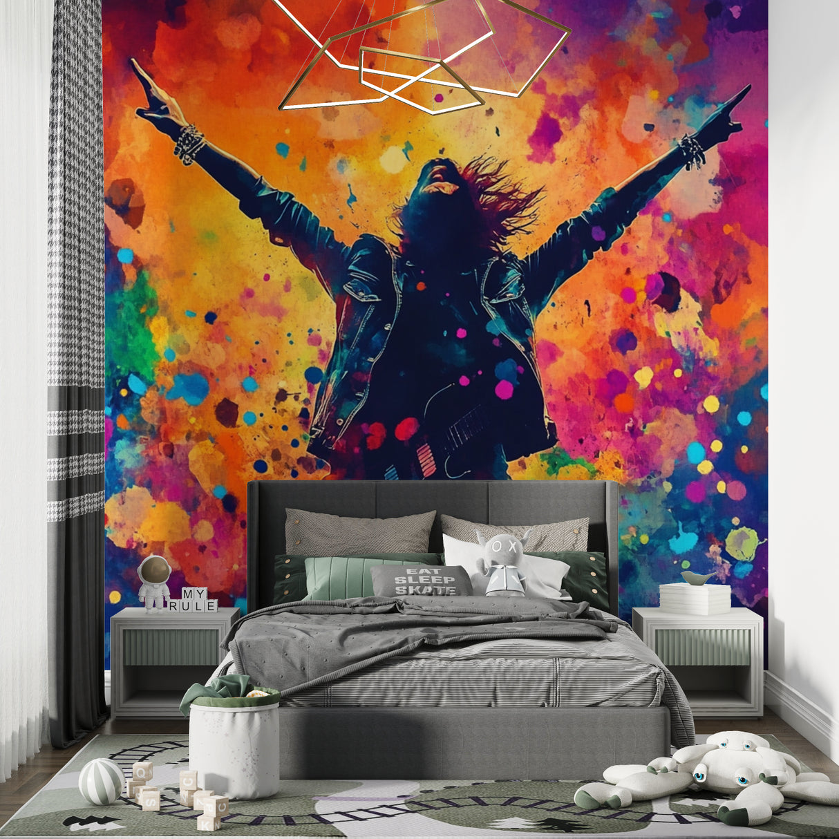 Colorful music wallpaper showcased in a creative studio space with recording equipment