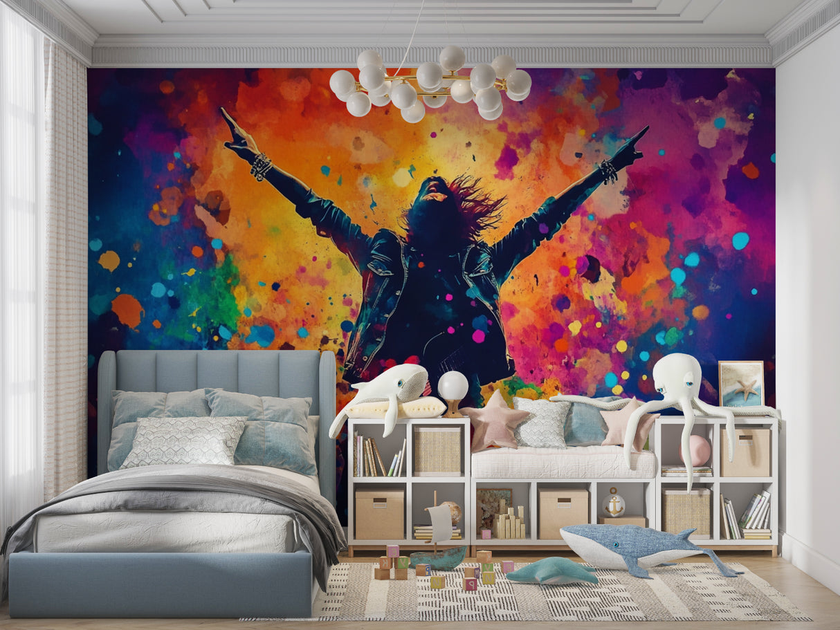 Rock star wall mural transforming a home music room with dynamic color splashes
