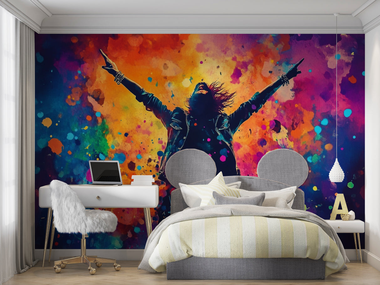 Musical wall mural adding energy to a basement band practice space