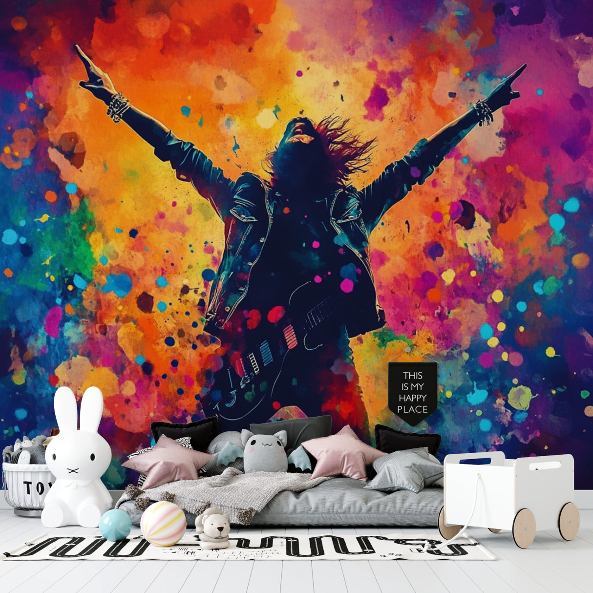 Rock music wallpaper creating atmosphere in a contemporary living room setting