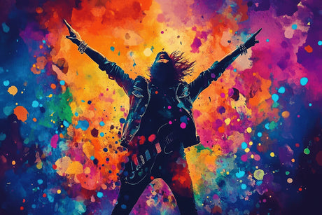 High-resolution design file of rock star silhouette with rainbow color splash pattern