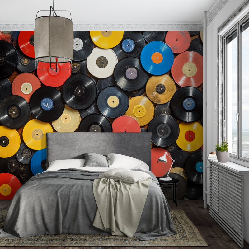 Vinyl record wallpaper bringing life to a modern living room with its bold colors and retro charm