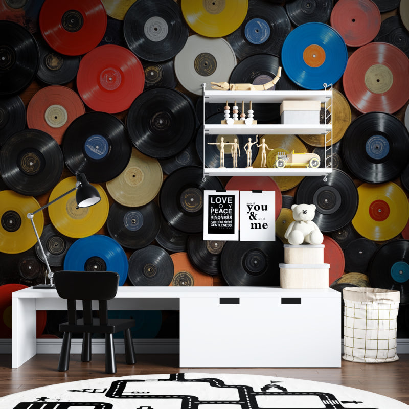 Music room transformed with colorful vinyl record mural wallpaper creating a dynamic atmosphere