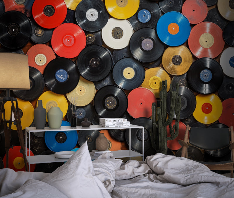 Teen bedroom featuring vibrant vinyl record wall mural adding musical personality