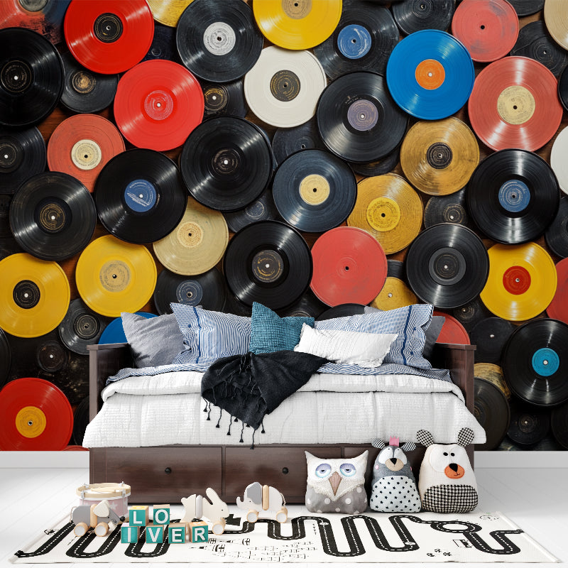 Home studio space with retro vinyl record wallpaper making a bold statement