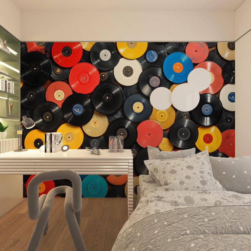 Entertainment area showcasing vintage vinyl record wallpaper in bright colors