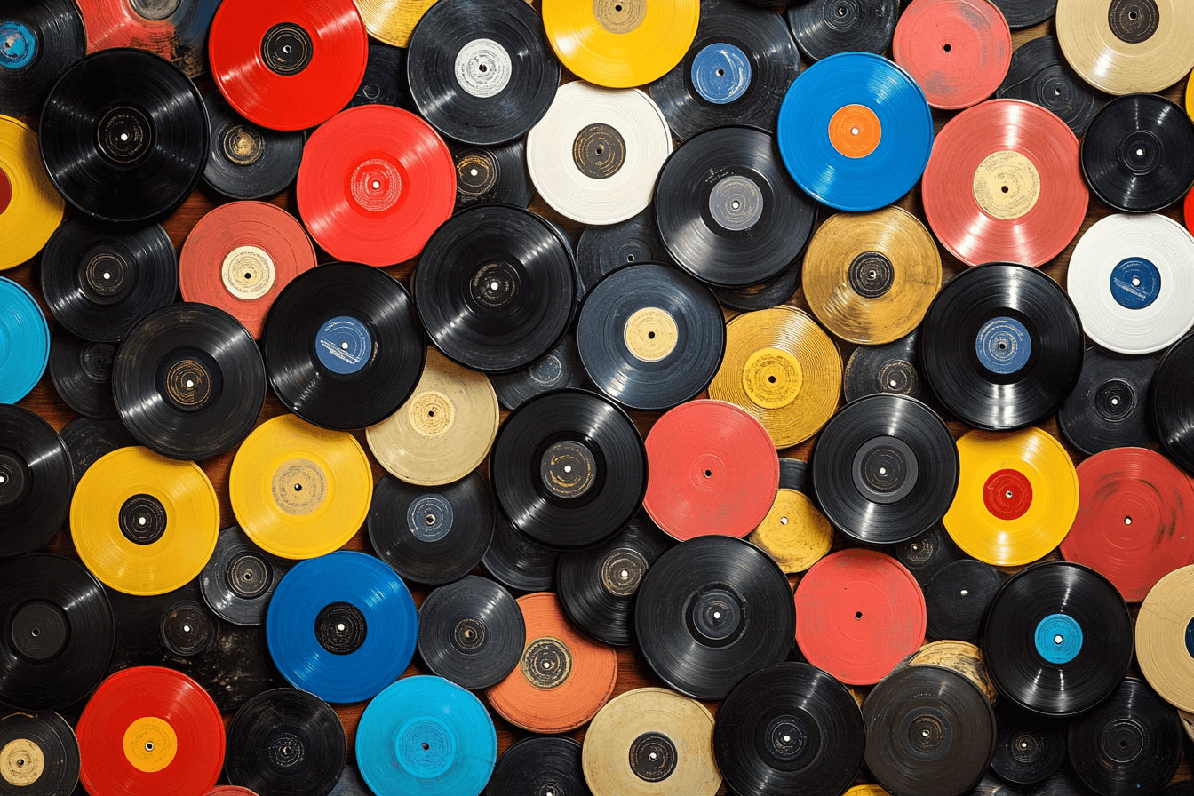 Design file of colorful vinyl record pattern showing vibrant discs and authentic musical details