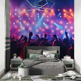 Concert lights wallpaper creating atmosphere in modern living room with dramatic purple and blue spotlights