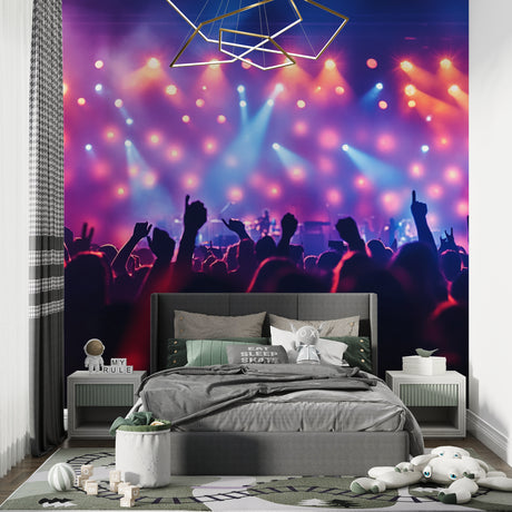 Concert lights wallpaper creating atmosphere in modern living room with dramatic purple and blue spotlights