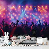 Entertainment room featuring concert lights wall mural with crowd silhouettes