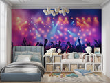 Music venue inspired wall design in basement bar area showing stage lights