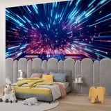 Music themed wallpaper with neon DJ console creating electric atmosphere in modern teen bedroom