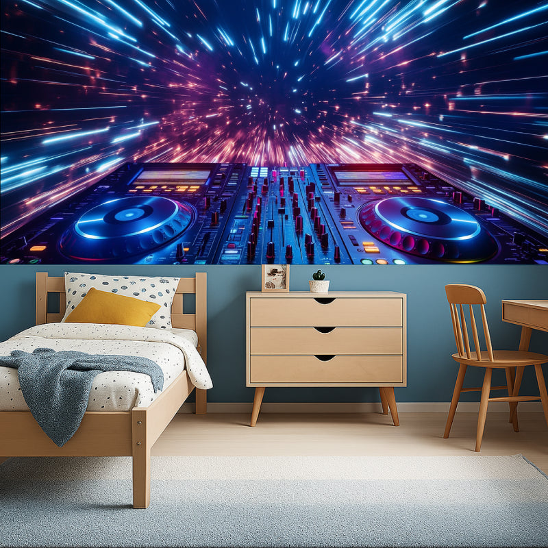 DJ console wall mural with dynamic neon lights brightening up a home studio space