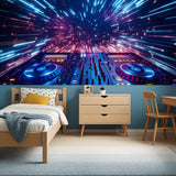 DJ console wall mural with dynamic neon lights brightening up a home studio space