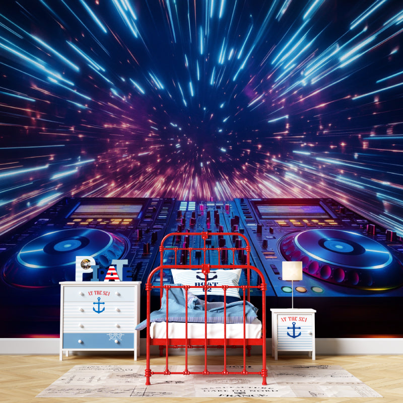 Neon music wallpaper transforming game room with glowing DJ console design