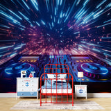 Neon music wallpaper transforming game room with glowing DJ console design